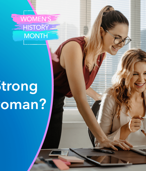 Title: What is behind a strong businesswoman? PIctured: Three women huddling over a laptop talking