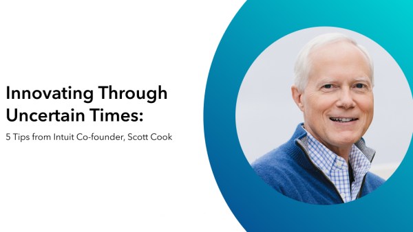 Text: "Innovating Through Uncertain Times" and image of Scott Cook, Intuit's Co-Founder