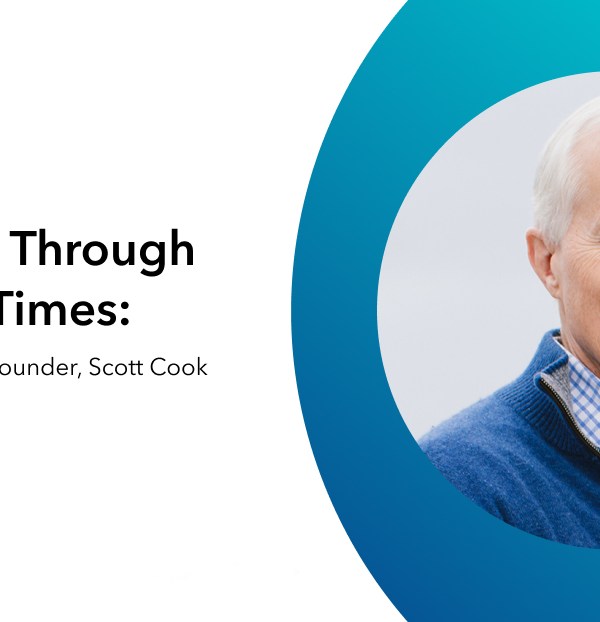 Text: "Innovating Through Uncertain Times" and image of Scott Cook, Intuit's Co-Founder