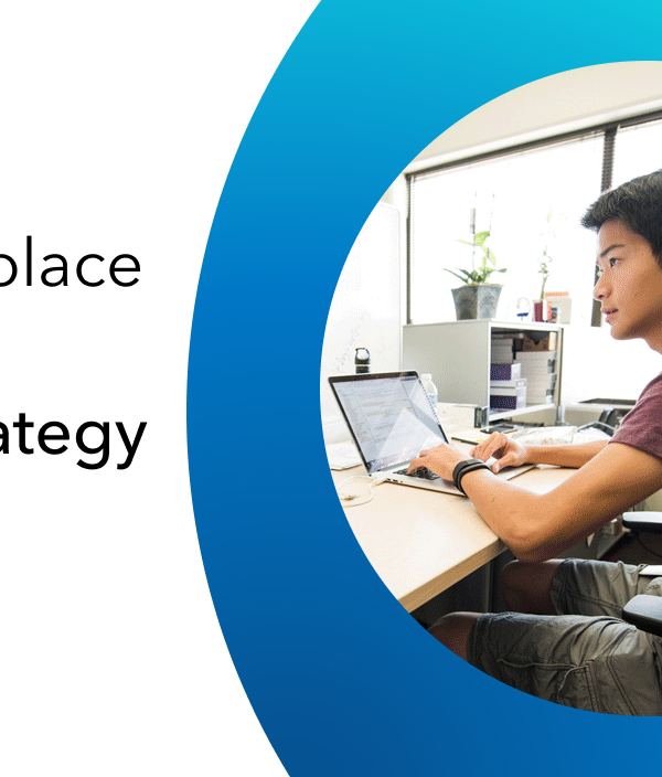 Text: "our Workplace of the Future strategy" plus photo of person working at desk in office.