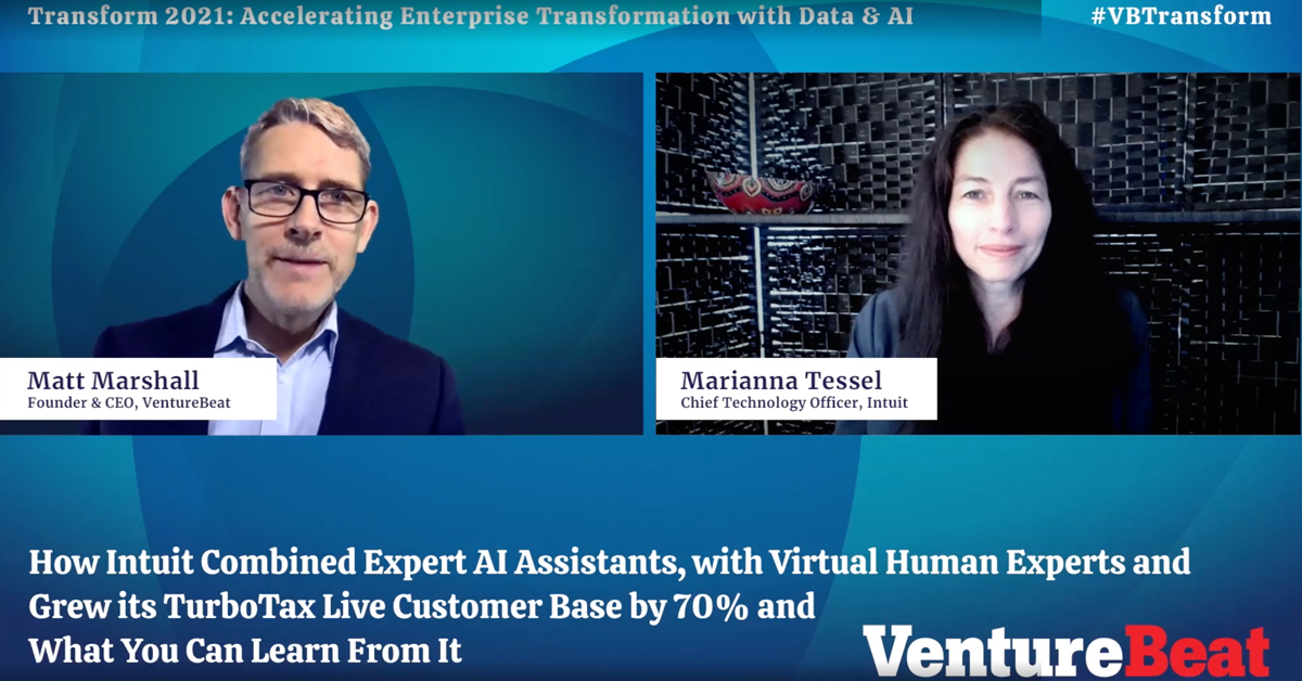 Screenshot of webinar featuring two speakers - Matt Marshall, Founder & CEO of VentureBeat and Marianna Tessel, CTO of Intuit.