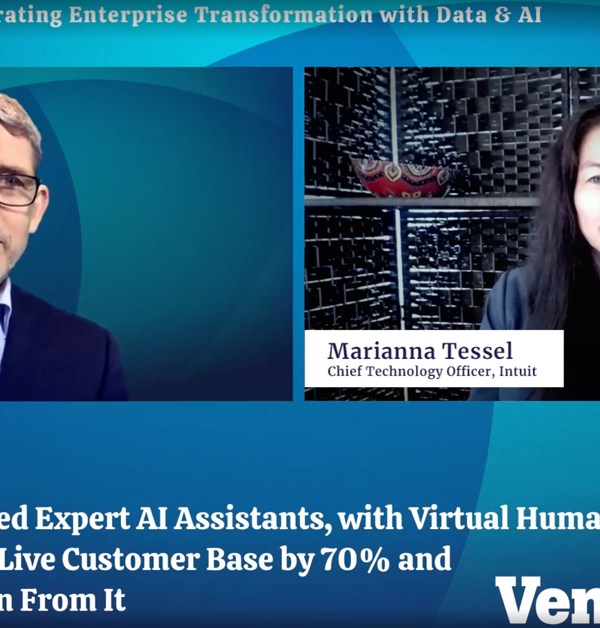 Screenshot of webinar featuring two speakers - Matt Marshall, Founder & CEO of VentureBeat and Marianna Tessel, CTO of Intuit.