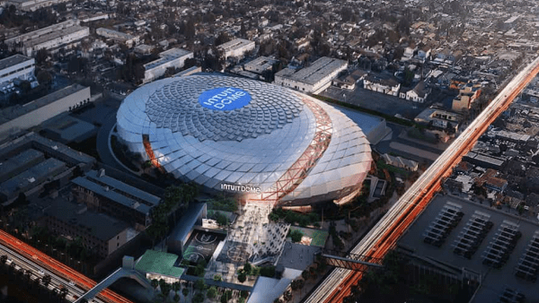 Aerial rendering of Intuit Dome in Inglewood, CA