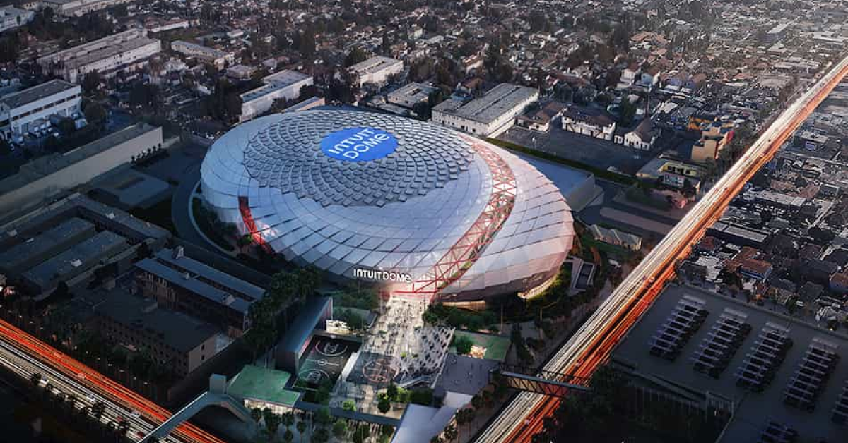 Aerial rendering of Intuit Dome in Inglewood, CA