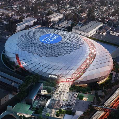 Aerial rendering of Intuit Dome in Inglewood, CA