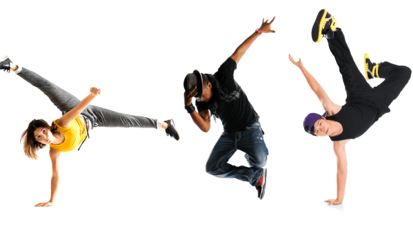 three break dancers posed on white background.