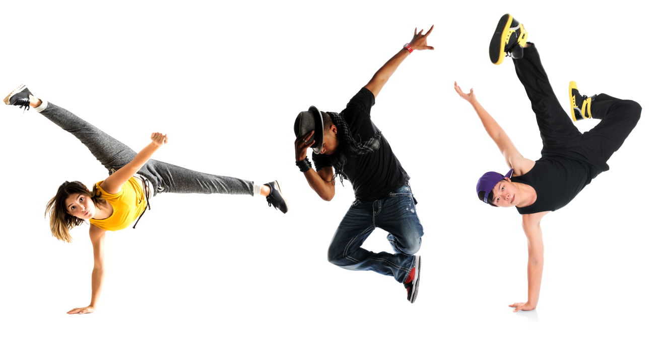 three break dancers posed on white background.