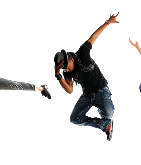 three break dancers posed on white background.