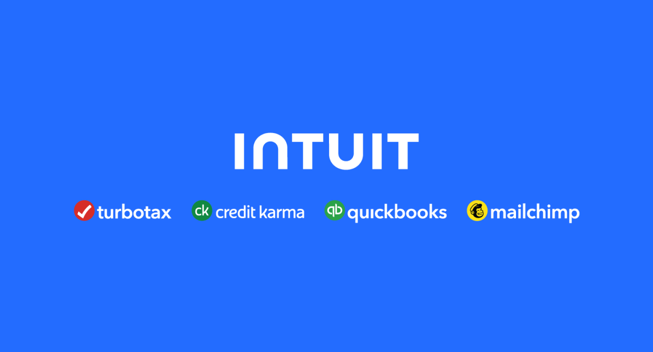 Unveiling our new Intuit logo, which represents our evolved Intuit identity. Image features new Intuit logo, a refreshed core blue color, an evolved visual identity system, and an updated display of our cornerstone brands together with the Intuit brand.