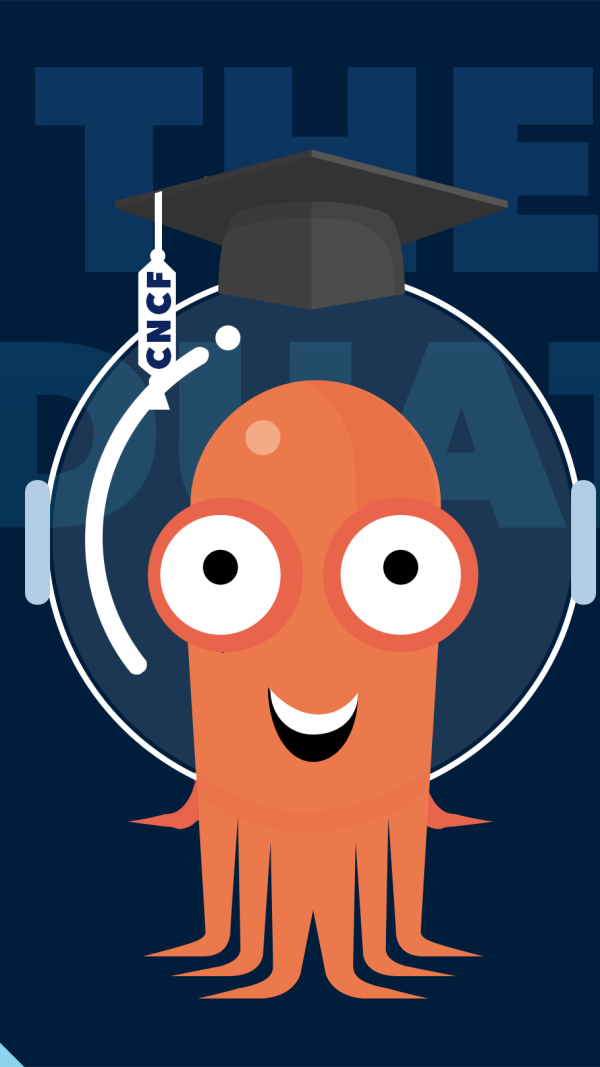 The orange Argo cartoon octopus is smiling and wearing a graduation hat, in front of text that says "The Graduation"