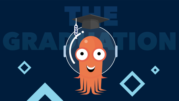 The orange Argo cartoon octopus is smiling and wearing a graduation hat, in front of text that says "The Graduation"