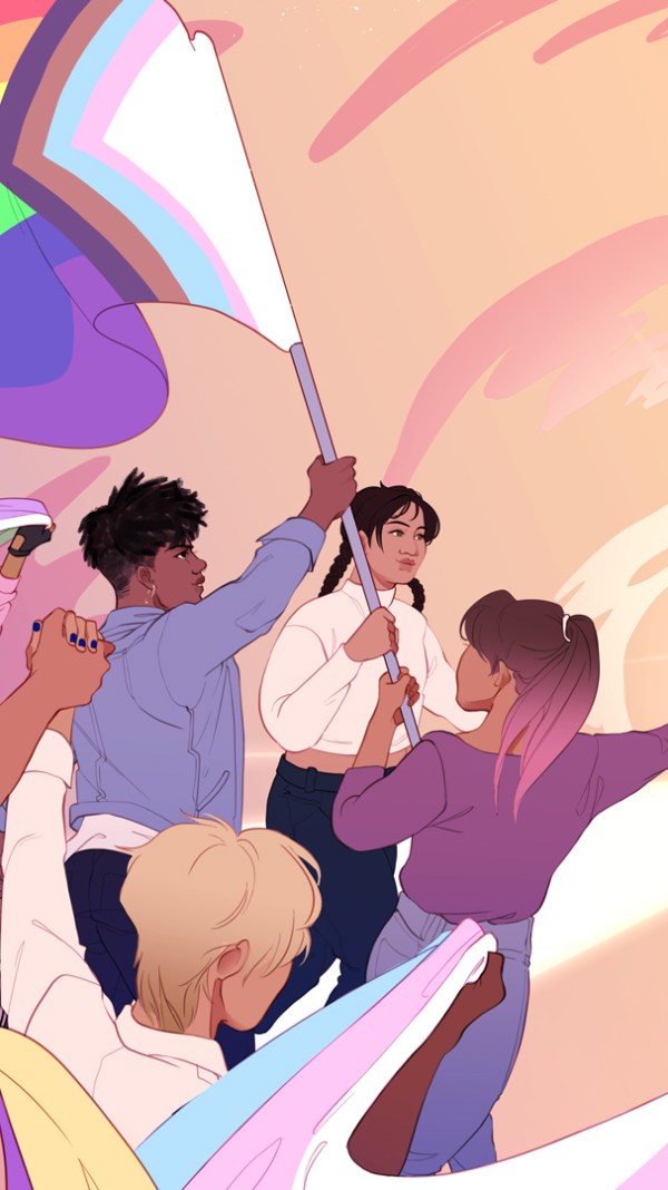 An illustration of different races of people holding Trans and Pride flags while marching together.