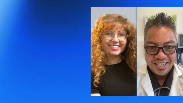 A woman with red curly hair and a man in a lab coat with glasses.