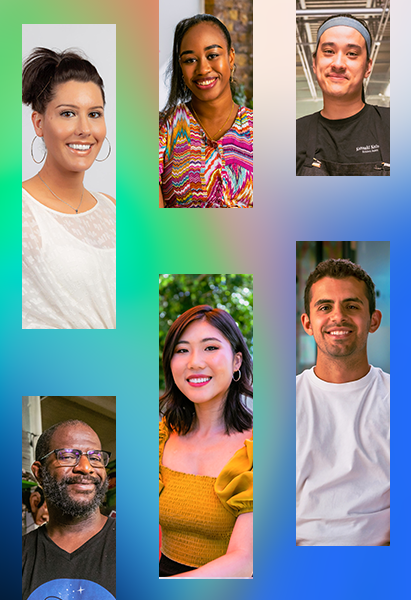 Multiple photos of small business owners over a blue/green gradient background