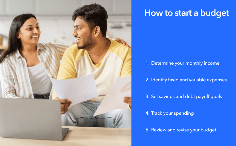 Smiling couple discussing documents at home, with overlay text listing steps on how to start a budget, including income and expenses